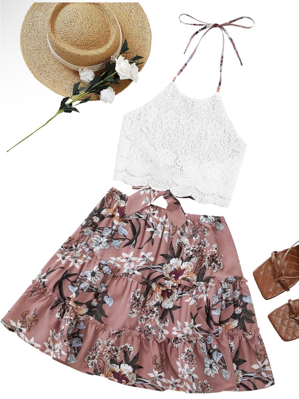 Lace Halter Crop Top with White Crochet Detail & Pink Ruffle Layer Skirt Set - Picture 6 of 14
